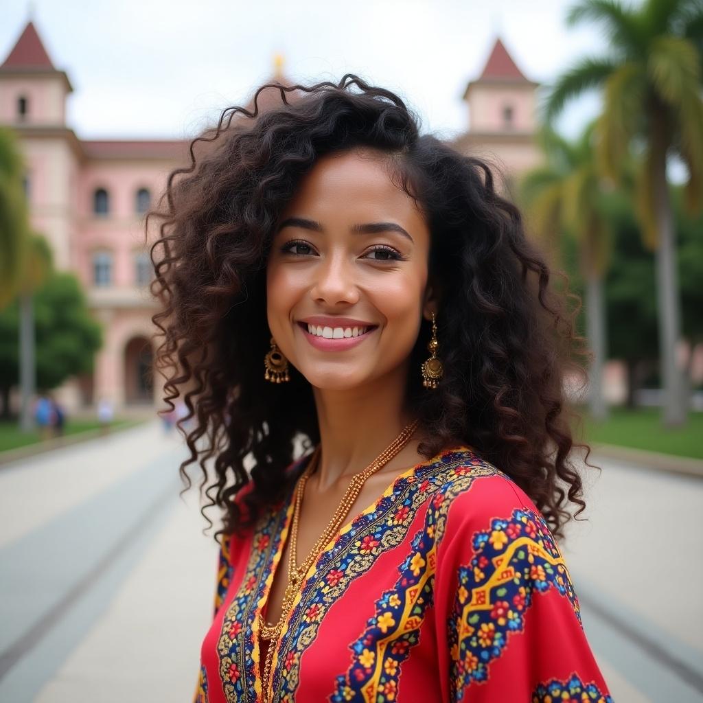 Mixed race woman stands in front of Malaysia Palace. Curly hair. Colorful traditional clothing. Smiles at the camera.