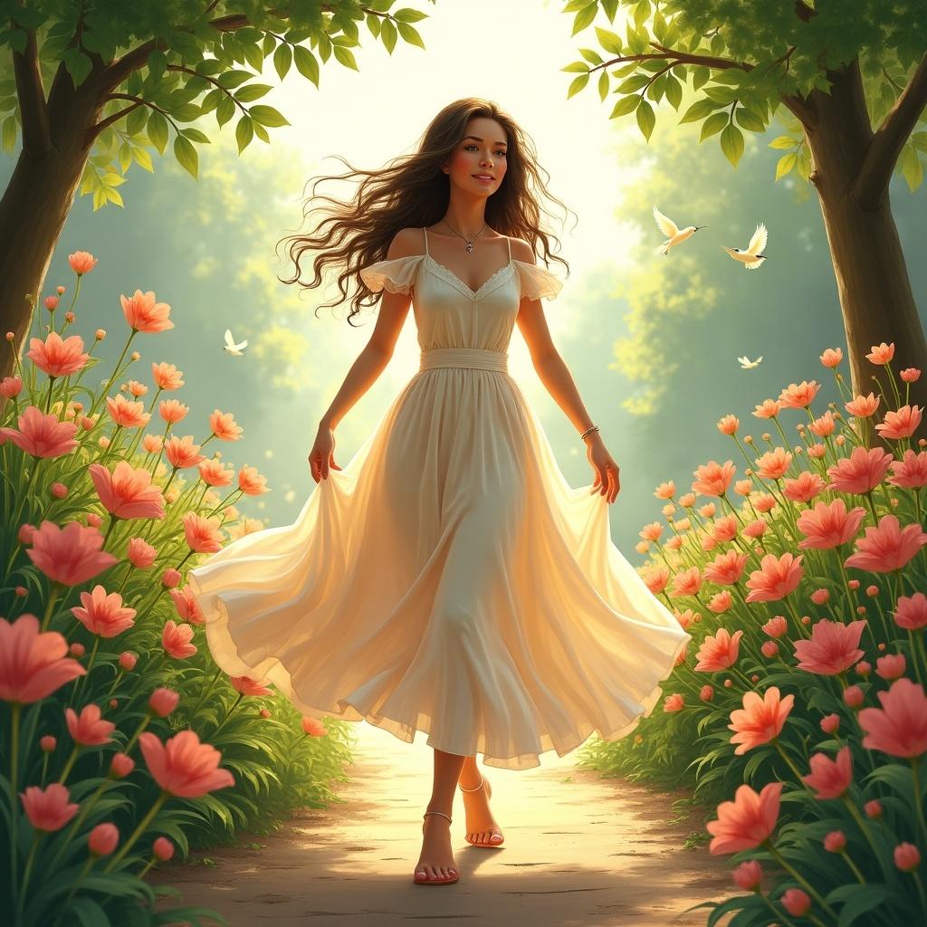 A woman wearing a white dress stands in a beautiful flower-filled pathway surrounded by trees. Sunlight filters through the leaves creating a serene atmosphere.