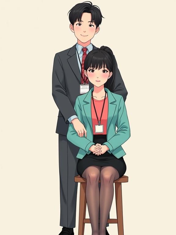 Korean couple in late-20s as flight attendants. Male stands behind female. He wears dark grey suit, pale-blue shirt, red plaid tie. Black lanyard with ID badge. Short hair, friendly smile. Female sits on stool. She wears coral-pink blouse, black skirt, turquoise blazer. Black lanyard with ID badge. Neat hair, red lips, friendly smile. Romantic photo studio with off-white background.