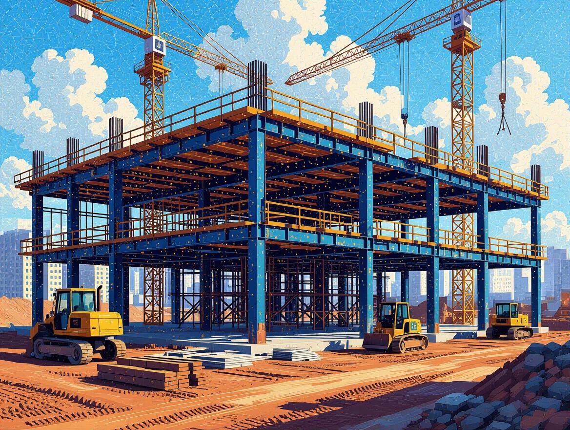 Urban construction site displayed with steel framework. Thousands of color dots depict metallic girders. Construction equipment visible around the site. Contemporary building style captured through a neo-impressionist technique. Industrial advancement represented using classical artistic methods. Modern engineering style illustrated through pointillist techniques.