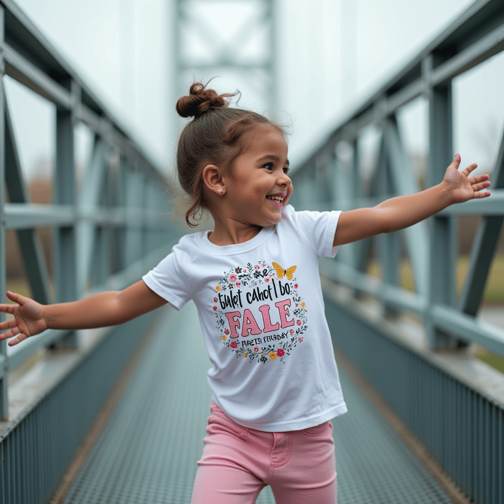 A young girl gleefully poses on a bridge wearing a t-shirt with an inspiring message.