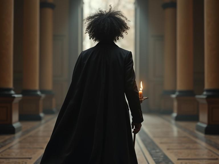Tall fitted man with voluminous black curly hair wearing a black long coat and cape. Walking with a candle in hand through an empty grand hall.