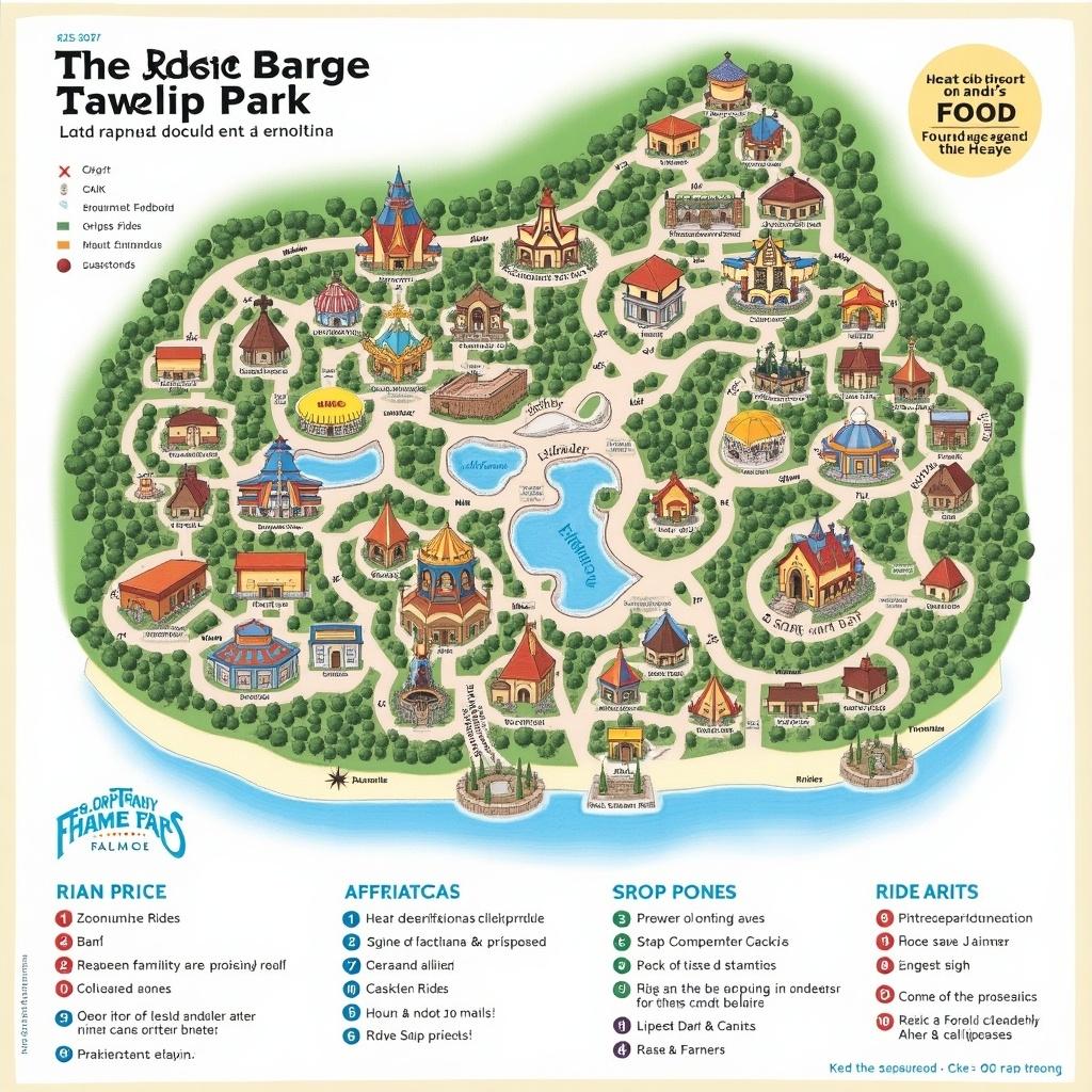 Layout of a theme park showing attractions and facilities. Highlighted areas include entry points, rides, themed zones. Clear symbols for food and safety. Notable scale and directional guidance included.