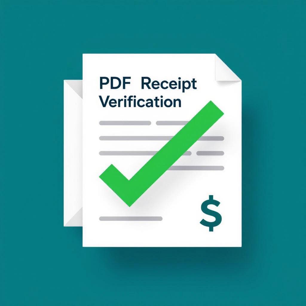 Minimal-style logo illustrating an authentic PDF receipt verification service. Central element is a stylized document icon in dark teal. Overlay a bold green checkmark across the PDF. Incorporate the USDT symbol in the bottom right corner, matching the checkmark color. Serious style with bright and dark color contrast.