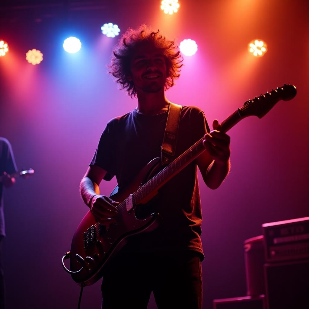 Young musician playing guitar passionately under colorful stage lights. Dynamic energy in a music performance setting.