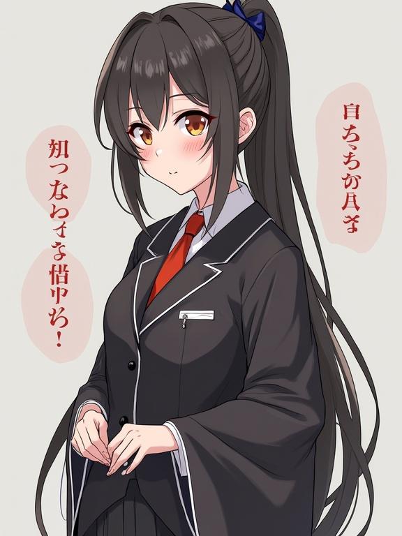 Character with long black hair dressed in a black maid uniform with red details and a smiling expression. Image in 3D style with a focus on fashion and character design.