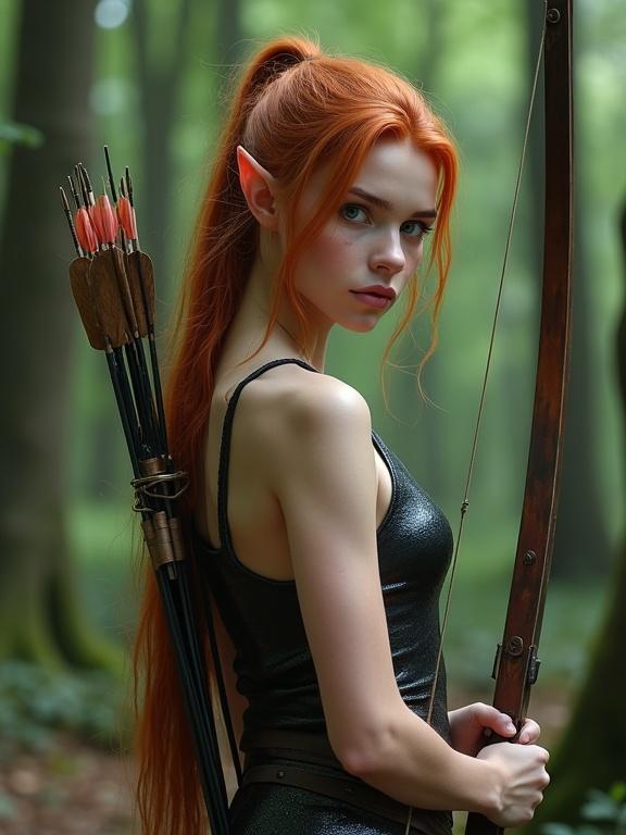 A photorealistic image of a young elf woman in a deep forest. She has a long auburn ponytail and vibrant blue eyes. The elf has an athletic body and a focused expression. She wears a sleeveless black leather leotard with a long vest of silver chainmail armor. A bow and arrow are in her hands, and a quiver full of arrows is on her back. The shot is zoomed out to capture her full body.