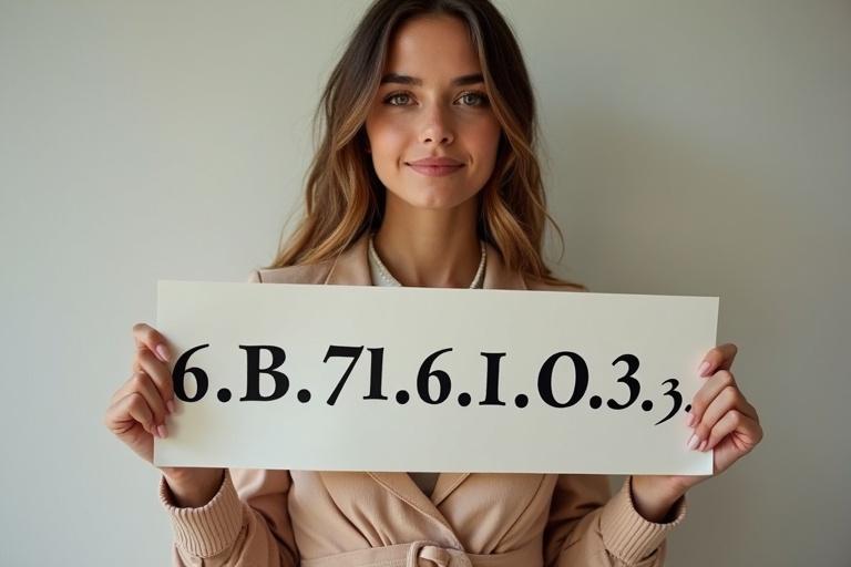 Young woman in stylish outfit shows a banner with numbers. She is smiling and confident. Background is neutral colored.
