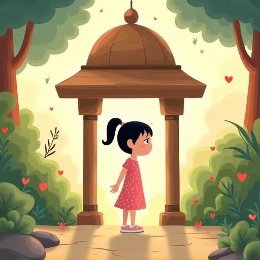Flat-style children’s illustration in warm tones. In the center, a wooden structure with four columns and a dome roof. One column is missing. No walls, just open space. Inside is Leila, a girl aged 5-7, with black hair in a ponytail, wearing a pink dress with polka dots. She stands near the center column, showing frustration, possibly looking at her shadow. The background is a glowing, lush fantasy garden. Lighting is soft and childlike.
