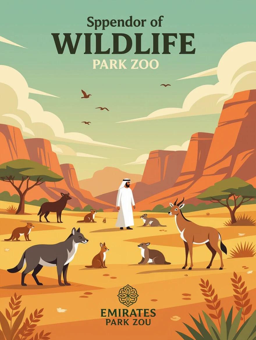 Artistic poster design showcasing local wildlife. Illustration features the splendor of wildlife in Emirates. Includes a central figure in traditional attire. Displays diverse local animals in a desert landscape. Utilizes abstract artistic style and warm earthy colors. Reflects heritage in a distinctive style for Emirates Park Zoo.