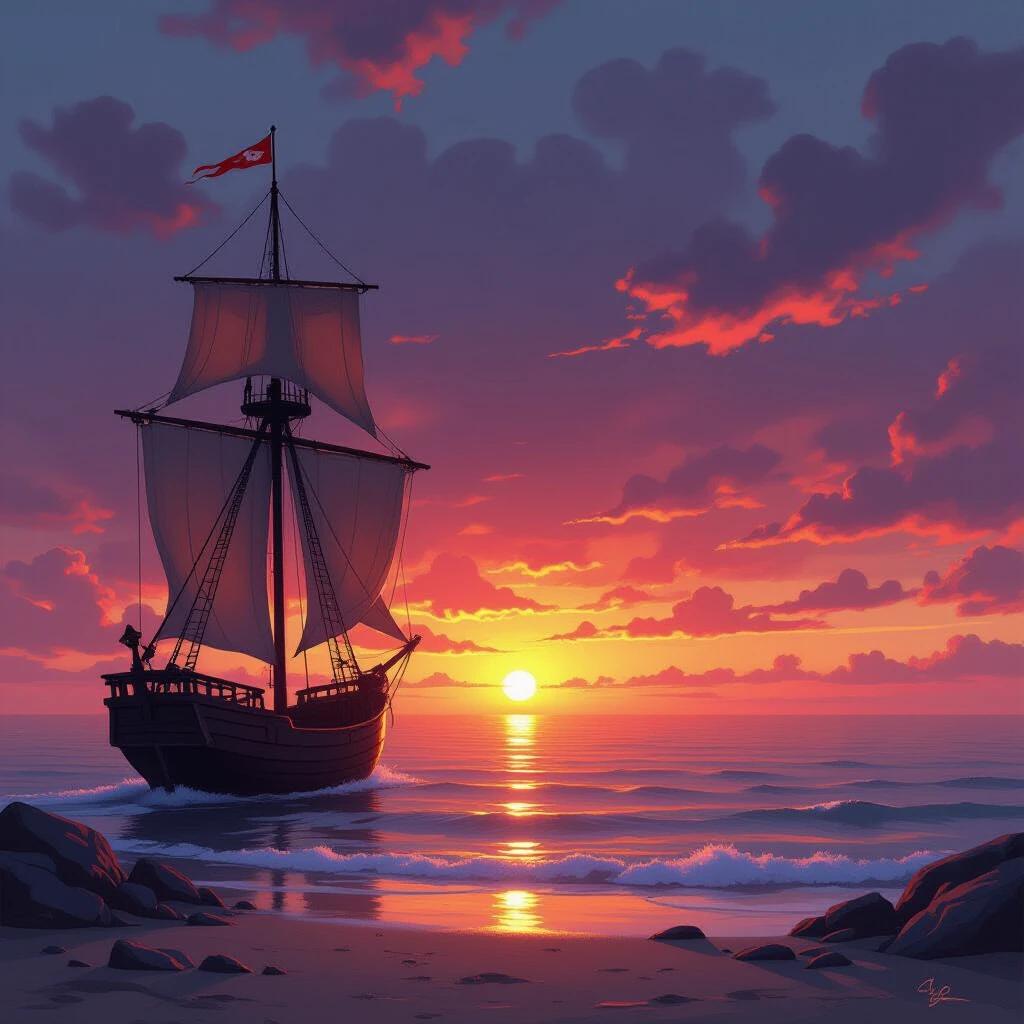 A beautiful sailing ship at sunset. The ship has billowing sails and a flag. Vibrant colors fill the sky. Waves gently lap at the rocks in the foreground. A peaceful and adventurous atmosphere is conveyed.