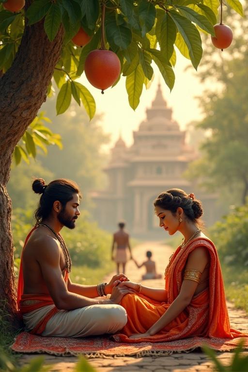 Lord Ram and Goddess Sita sit together under a mango tree. Lord Bharat massages Ram's foot. Hanuman fans both with devotion. Background shows a blurred mythological castle. Warm sunlight filters through leaves. Vivid details and rich greenery enhance the divine scene.