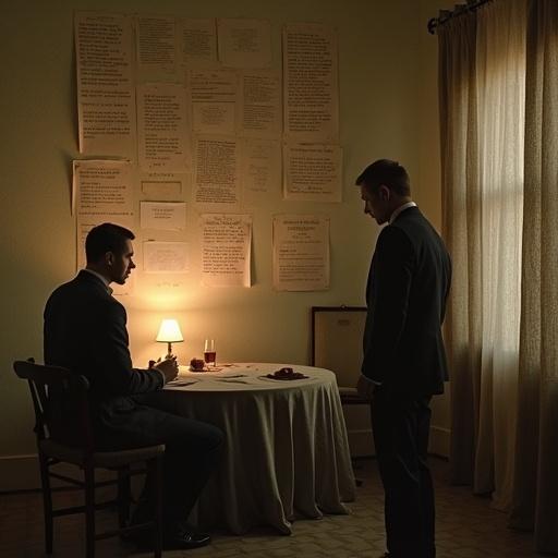Scene featuring two men discussing a wall covered in old papers with rules. Dim lighting creates a tense atmosphere. One man appears surprised while the other reads the rules carefully. They are seated at a small table with a lamp.