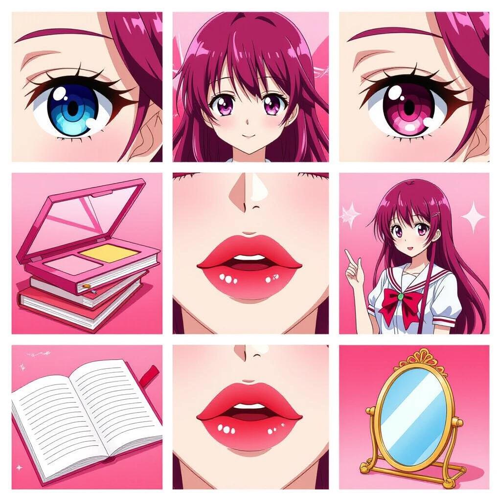 Collage of 8 photos arranged without order. Features colorful anime eyes red and pink lips and school-related items. Includes books and a mirror. Background in pink.