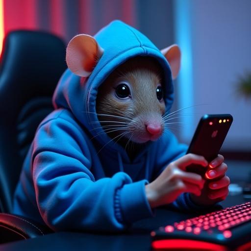 A rat wearing a blue hoodie sits at a gaming PC while holding a phone in one hand. The setting is illuminated with colorful lights creating a modern gaming atmosphere.
