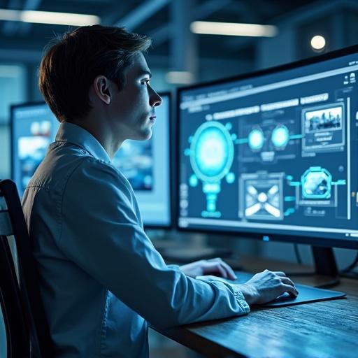 Futuristic AI engineer working with digital interface. Multiple advanced image generators displayed on screens. Clean and elegant office background. Blue and silver colors used. Ultra-high definition and modern lighting throughout.