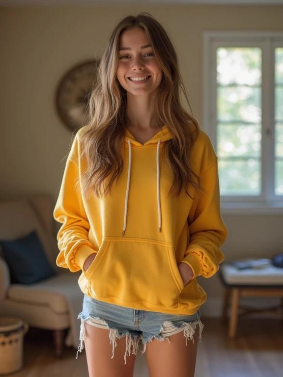 Full frame photo of a young woman standing in a living room. She wears a long yellow hoodie and micro shorts. Sunlight brightly illuminates the scene. Flirty smile and casual pose. Low-resolution image with bright colors and soft edges.
