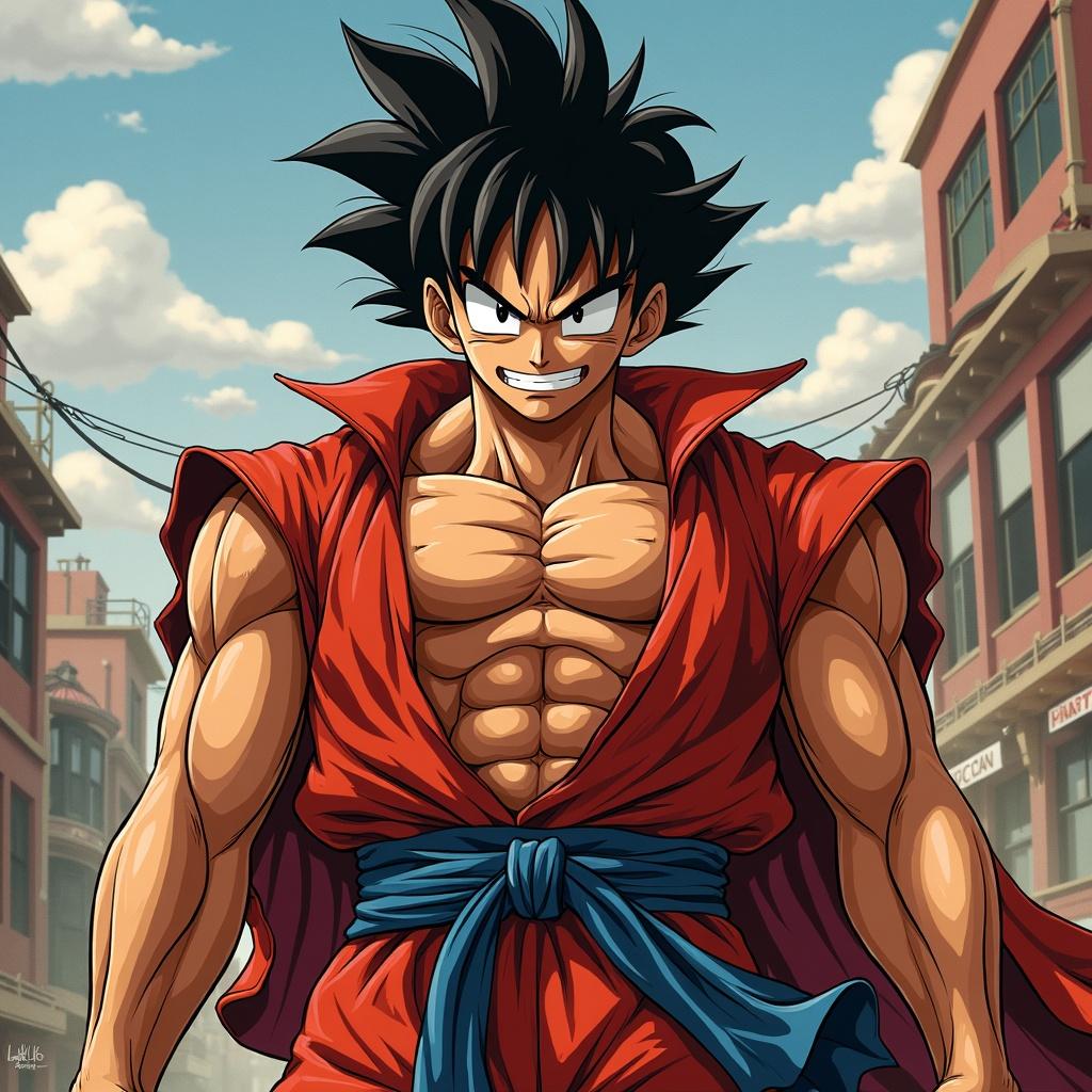 A powerful character in a sleeveless red coat with a blue belt. The character has spiked black hair and a muscular build. Set against an urban background with tall buildings. The pose showcases strength and confidence.