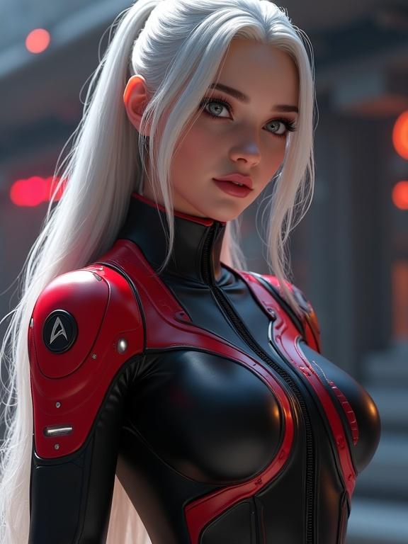 Two highly detailed models in futuristic attire. One wears a form-fitting red and black bodysuit. The background features a starship, and vibrant pastel colors surround them. The setting is outdoors with RGB LED lights.