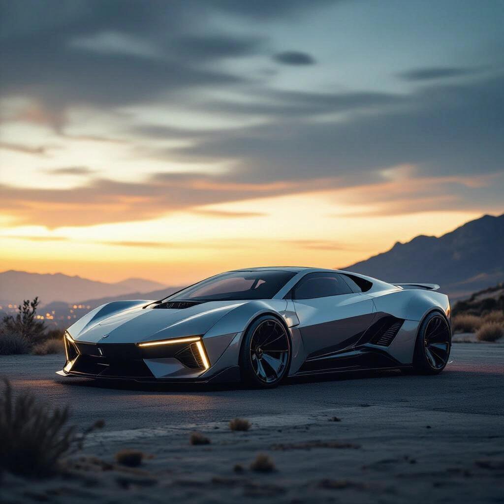 Futuristic low-rider car design in a desert setting with dramatic sunset lighting. Dark, sleek, dual-tone finish. Side profile shot of the car featuring angular shapes and an overall striking appearance.