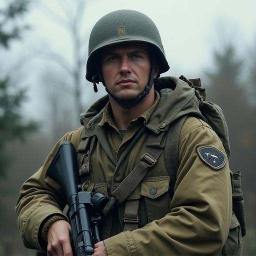 Photorealistic depiction of a US soldier from World War II wearing a helmet and military clothing with a firearm in a natural environment.