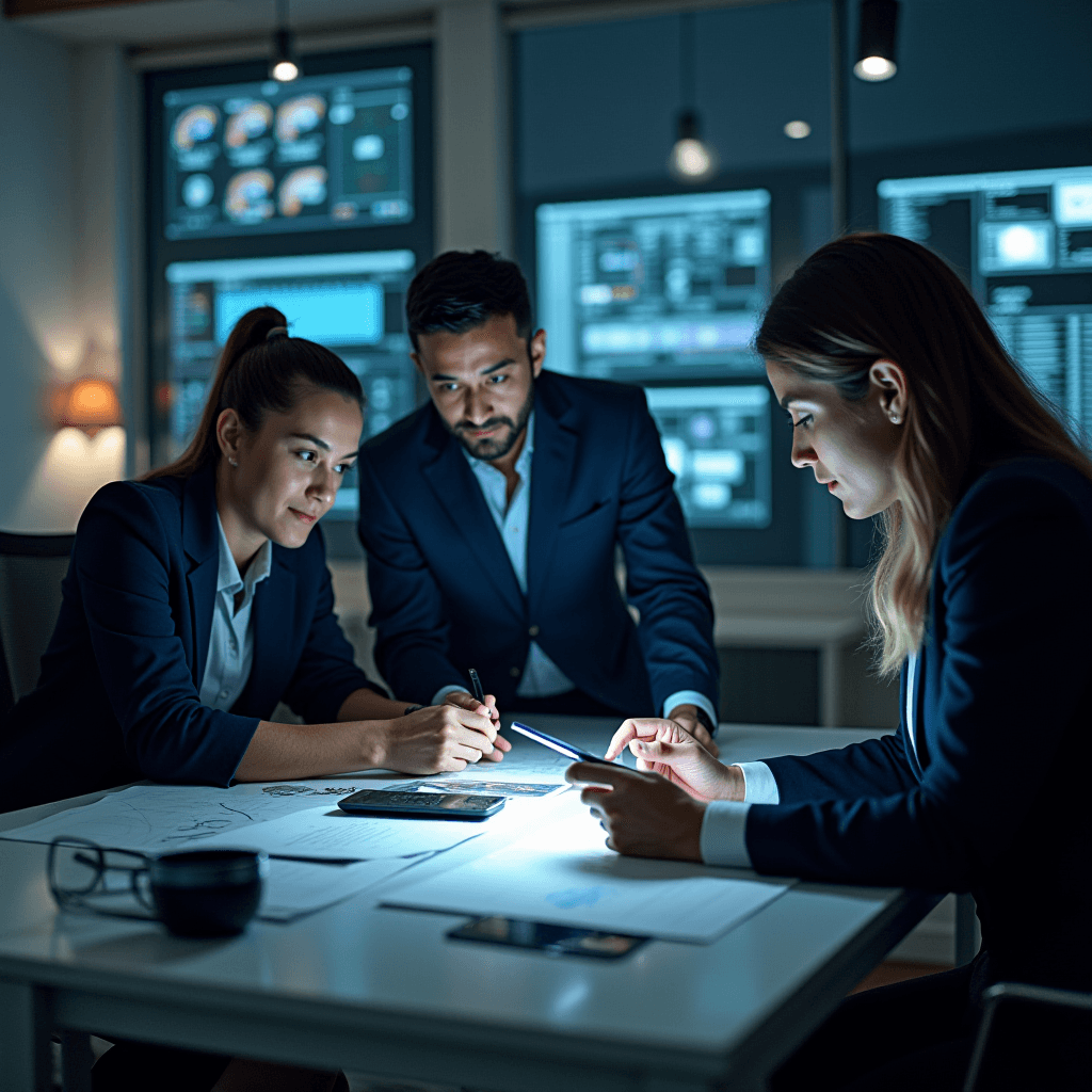 The image shows three individuals in a modern office environment, collaborating around a table. They are dressed in formal business attire. The setting appears to be professional and technologically advanced, with multiple digital screens displaying data and charts in the background. The room is dimly lit, with a focused light illuminating the papers and devices on the table. The individuals are engaged in a discussion, with one person holding a pen and taking notes, suggesting strategic planning or analysis. The ambiance is serious and concentrated, indicative of a high-stakes or technical business meeting.