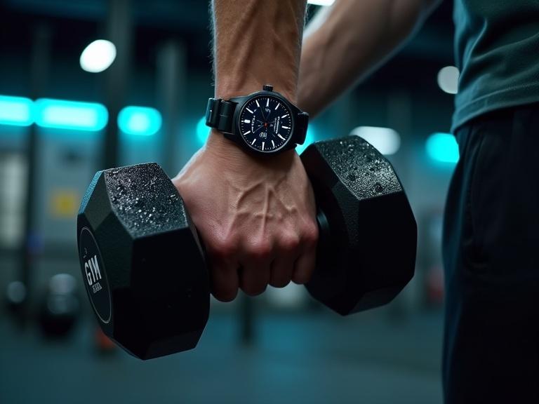 Sweat-covered hand holds a 20kg hex dumbbell. Pronounced veins represent strain. Tension visible in watch strap. Water droplets on watch bezel. Luminescent indices glow softly. Background features an industrial gym with Olympic racks blurred. Neon blue lights and overhead spots illuminate the scene. Heart rate at 78 BPM indicated. A gym towel visible with logo. Rubber flooring texture present. Text label 'GYM' in Futura Bold at the bottom.