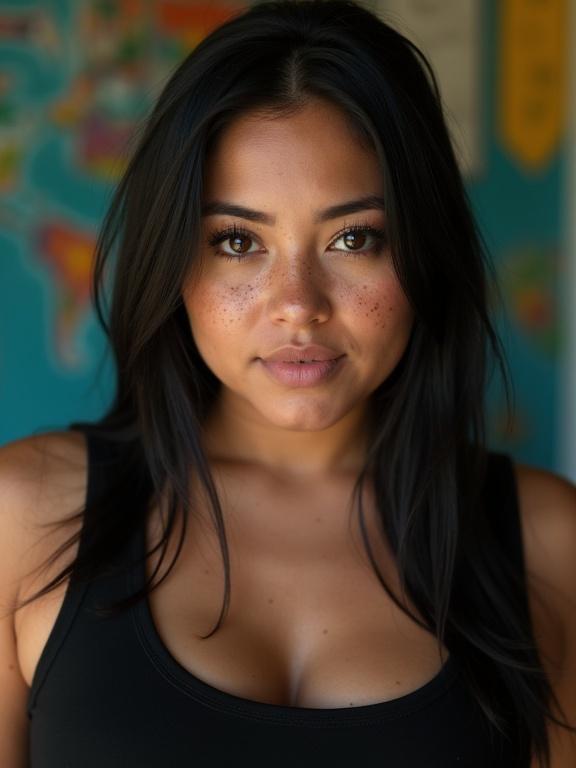 Close-up portrait of a Brazilian young woman. She has straight black hair and freckles. Her brown eyes are striking. She is wearing a black tank top. The background is inspired by favela. Lighting is natural and her skin has a tan.