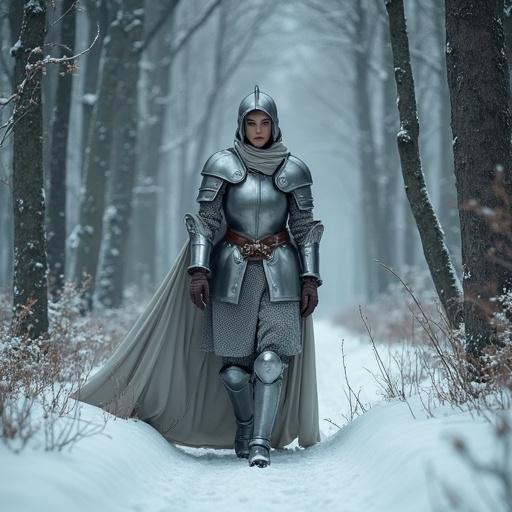 Hyper-realistic depiction of a woman in knight armor walking through a snow-covered forest