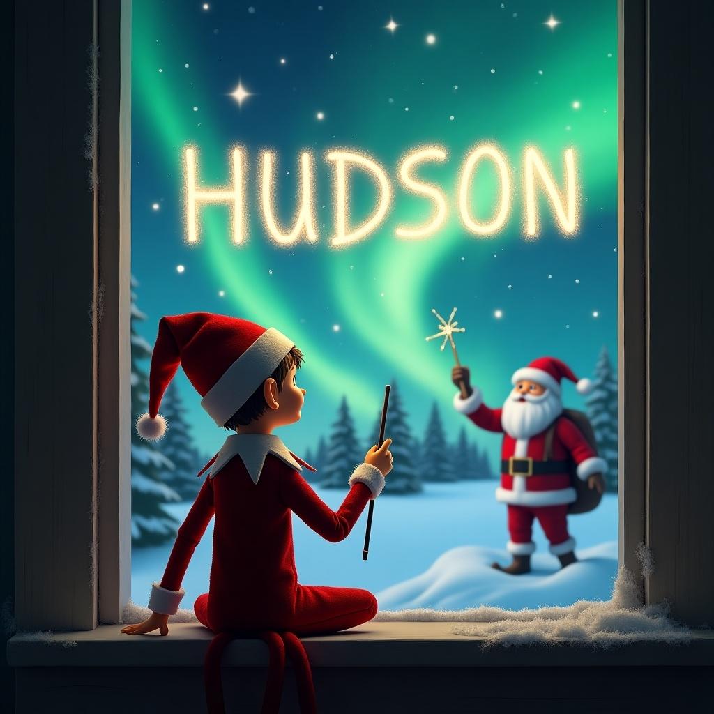 This enchanting image features an elf on the shelf, seen from behind, writing the name 'HUDSON' in the night sky with a magical wand. The elf is dressed in a traditional red and white outfit, exuding a sense of holiday cheer. In the background, a picturesque winter landscape glows under the stunning northern lights, casting an ethereal glow. Santa Claus stands nearby, adding to the festive atmosphere. The scene embodies the spirit of Christmas with its whimsical charm and bright colors, inviting viewers into a world of magic and joy.