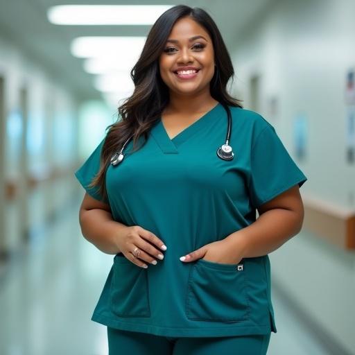 A confident, plus-size female healthcare professional stands in a softly lit, modern hospital corridor. The image captures her wearing a deep teal scrub top and matching pants. The scrub top features a V-neckline and tailored fit. She holds a stethoscope and smiles warmly. The background is bright and blurred, focusing on her attire. Suitable for website banners or promotional materials.