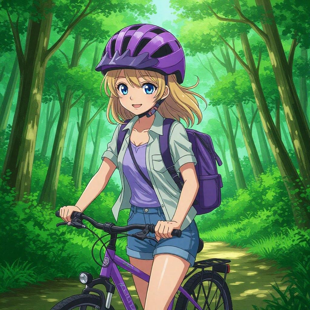 Anime style drawing of a girl with dark blonde hair and blue eyes. She wears a purple helmet, greyish blue shorts, a light grey short sleeve shirt, a lilac top, purple sneakers, and a purple backpack. She cycles through a forest.