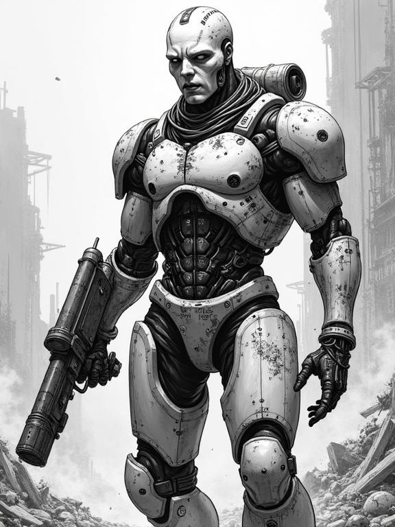 A male biomechanical cybernetic warrior in a decaying exosuit. Expressionless pale face with data ports in the skull. Tubes and cables protrude from synthetic flesh. One arm replaced with industrial weapon, leaking steam. Armor asymmetrical and scratched. Background is a cold metallic void with fog and debris. High detail gritty black-and-white art.