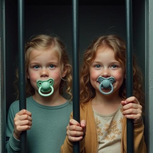 Two children engaged in a playful scenario inside a jail cell. They hold oversized pacifiers in their mouths. The mother acts like she is swallowing a key, enhancing the pretend playfulness of the scene.