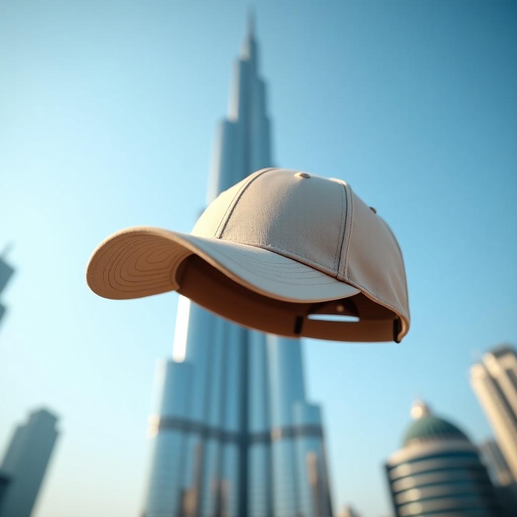 Baseball cap floats in front of Burj Khalifa. The cap is light beige. The skyline features modern architecture.