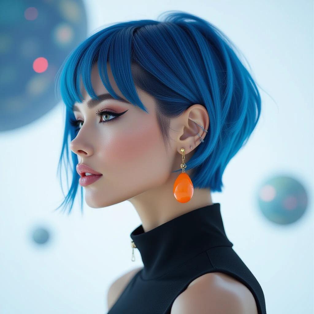 Profile image of a woman with blue short hair. She wears a distinctive orange earring. The background is light and minimalistic. The focus is on her hairstyle and earring. A representation of innovation and futuristic style.