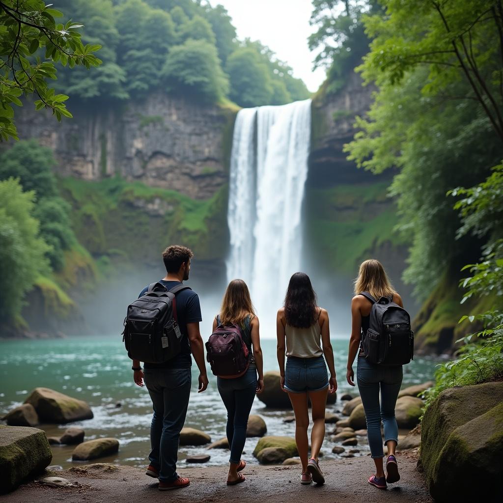 A guy with beard treks alongside three female friends towards a beautiful waterfall. Lush greenery surrounds the scene with flowing water and rocks.