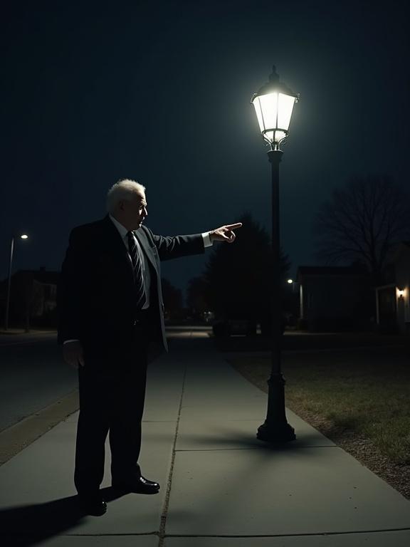 Realistic scene at night showcases elderly man in a suit pointing at a street lamp. Strong lighting casts long shadows on the sidewalk. Contrast creates cinematic tension in the atmosphere.