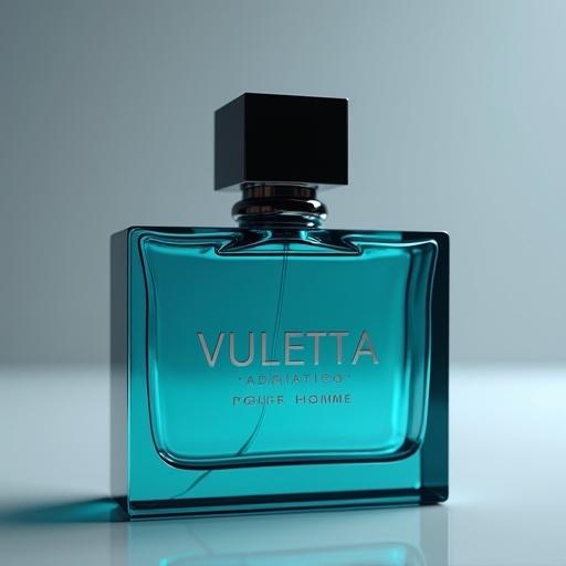 A close-up photo showcases a futuristic turquoise aquamarine perfume bottle. The bottle has a sleek rectangular shape with a black square cap. The label features the name 'VULETTA' in a bold bespoke engraved-style font in metallic silver at the top. Below this, 'ADRIATICO' is centered in white silver font, followed by 'POUR HOMME' near the base. A faint metallic silver label reads 'PARFUM' at the bottom. The background is a soft subtle gray with light leaks enhancing the aesthetic.
