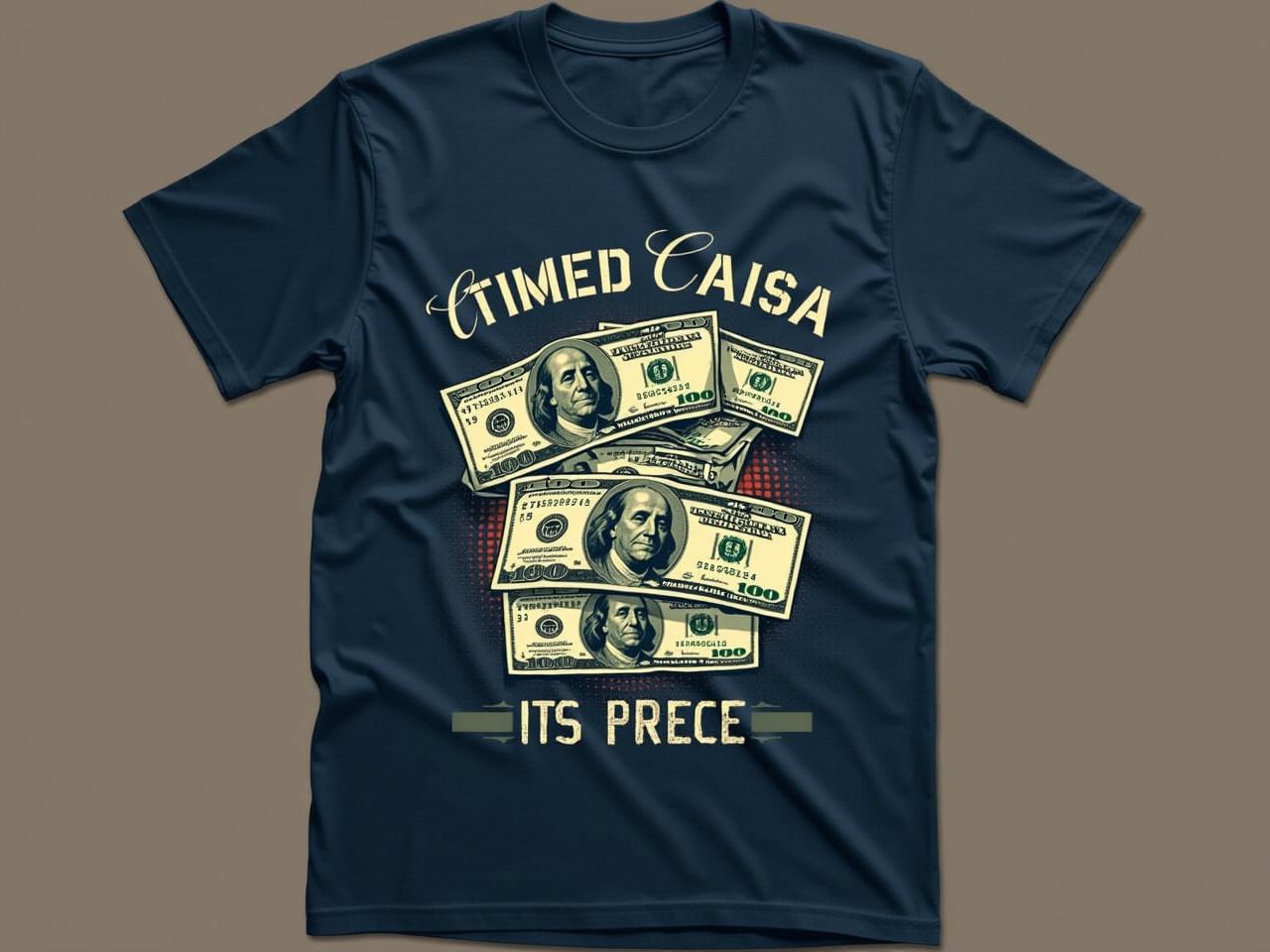 The image features a dark navy blue t-shirt adorned with an eye-catching graphic design. The design showcases multiple stacks of money, specifically hundred-dollar bills, prominently placed on the front. Bold text above the graphic reads 'MIMED CAISA,' while the phrase 'ITS PRECE' is displayed below. The overall aesthetic combines themes of wealth and casual fashion, making it appealing for a youthful audience. This shirt represents a fun and trendy statement piece for those who appreciate financial themes in their clothing.