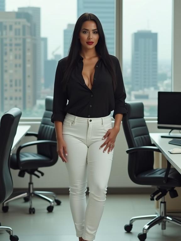 Latina woman standing in an office setting. She has straight black hair, wears a tight black shirt and white skinny pants. High heels complete her outfit. Background features a city skyline through large windows.