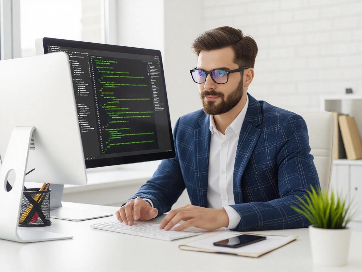 A man in a blue checked suit working at a computer desk. He is wearing glasses and focused on coding displayed on a big screen. The office has a modern design with bright lighting.