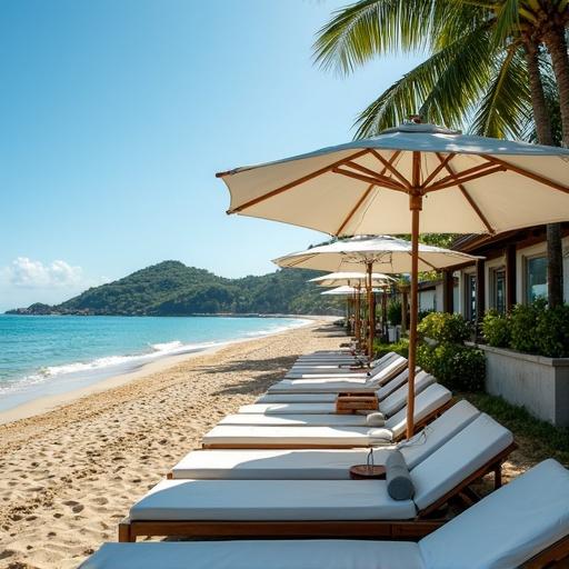 Scenic panorama of a beach hotel. Rows of loungers under large umbrellas face the ocean. One side has a hotel building. A green mountain rises in the distance.
