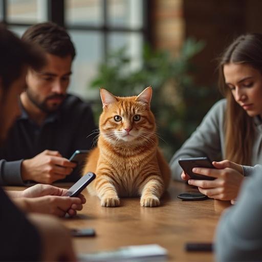 An orange cat sitting in the middle of a round table surrounded by people. Everyone holds their phones while the cat appears like a translator. Natural light shines onto the scene