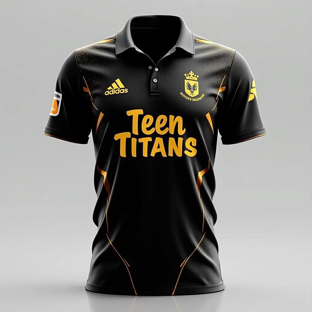 Cricket jersey designed in black color. Gold text prominently displays Teen Titans. Features Adidas branding. Suitable for fans and sports enthusiasts.