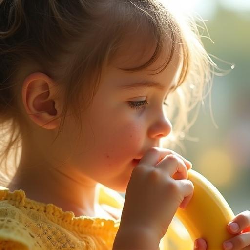 A young girl enjoys a fruit in soft sunlight. The ambiance is warm and dreamy. The girl appears shy and freckly. A delicate yellow outfit adds to the aesthetic. The scene captures a relaxed moment with a focus on the banana.