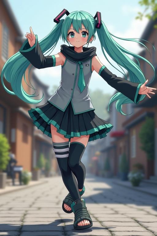 Anime character dancing in streets of a fictional village. Dressed in ninja-style uniform with teal hair and bandana. Background features traditional buildings reminiscent of Konohagakure. Character shows enthusiasm while performing.