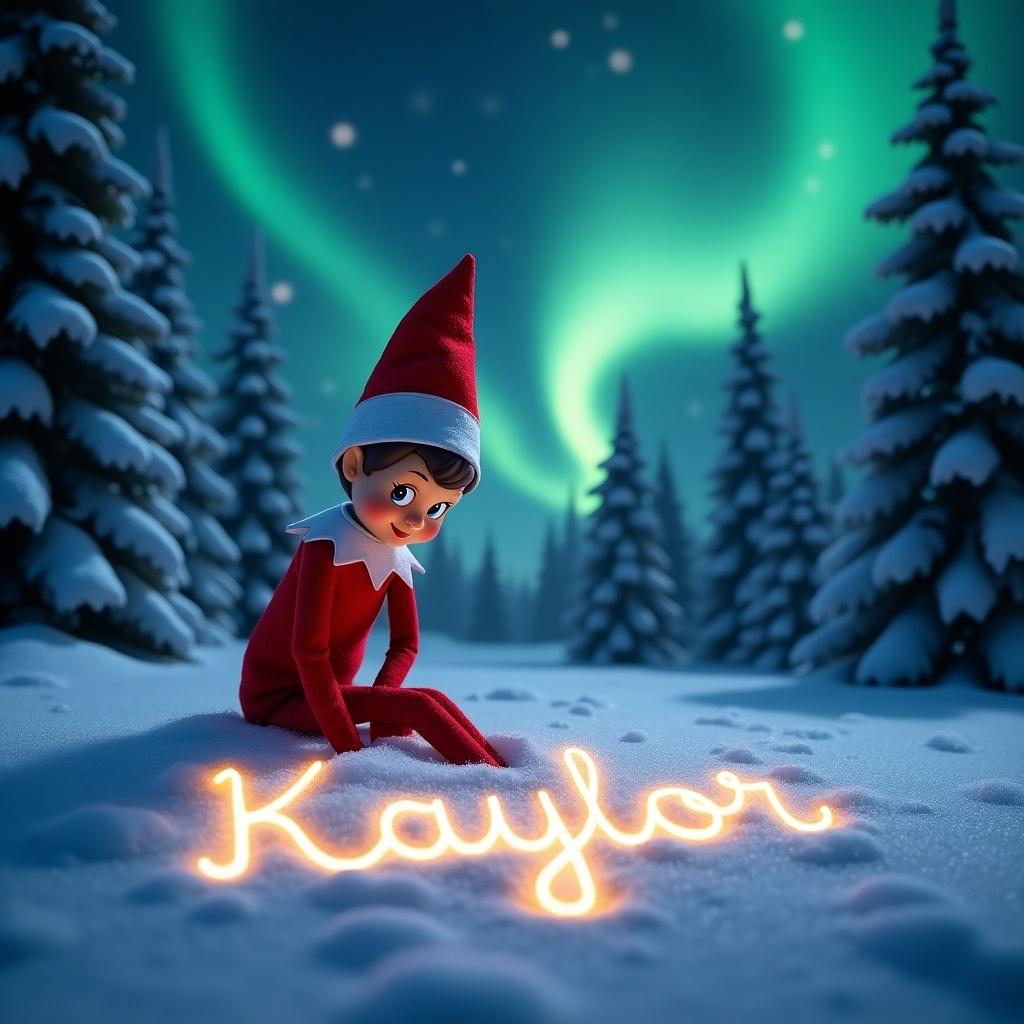 Animated elf sitting in snow writing name 'Kaylor' in luminous cursive. Background shows northern lights and snow-covered pine trees. Magical holiday atmosphere.