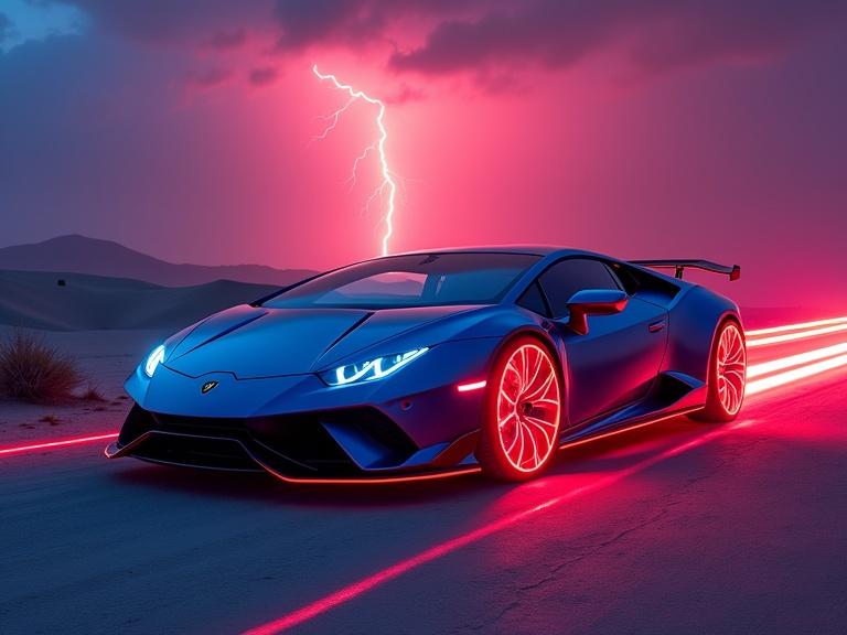 Futuristic Lamborghini with deep blue and red lights in a desert at sunset. Lightning in the background. Car leaves a bright laser light trail with 7 lines.