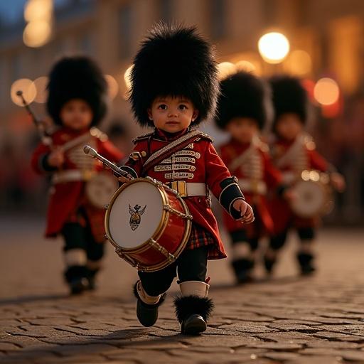 Hyper-realistic night-time photograph of adorable 3-year-old babies in detailed British military parade uniforms marching in formation. One baby plays a large bass drum strapped vertically. Other babies play snare drums and one baby in front blows a Scottish bagpipe. Drums feature heraldic artwork and shine under spotlights. The parade takes place on a stone courtyard with a visible crowd and torches. Babies look focused, wearing bearskin hats, colorful tartan patterns, and perfectly baby-sized uniforms.
